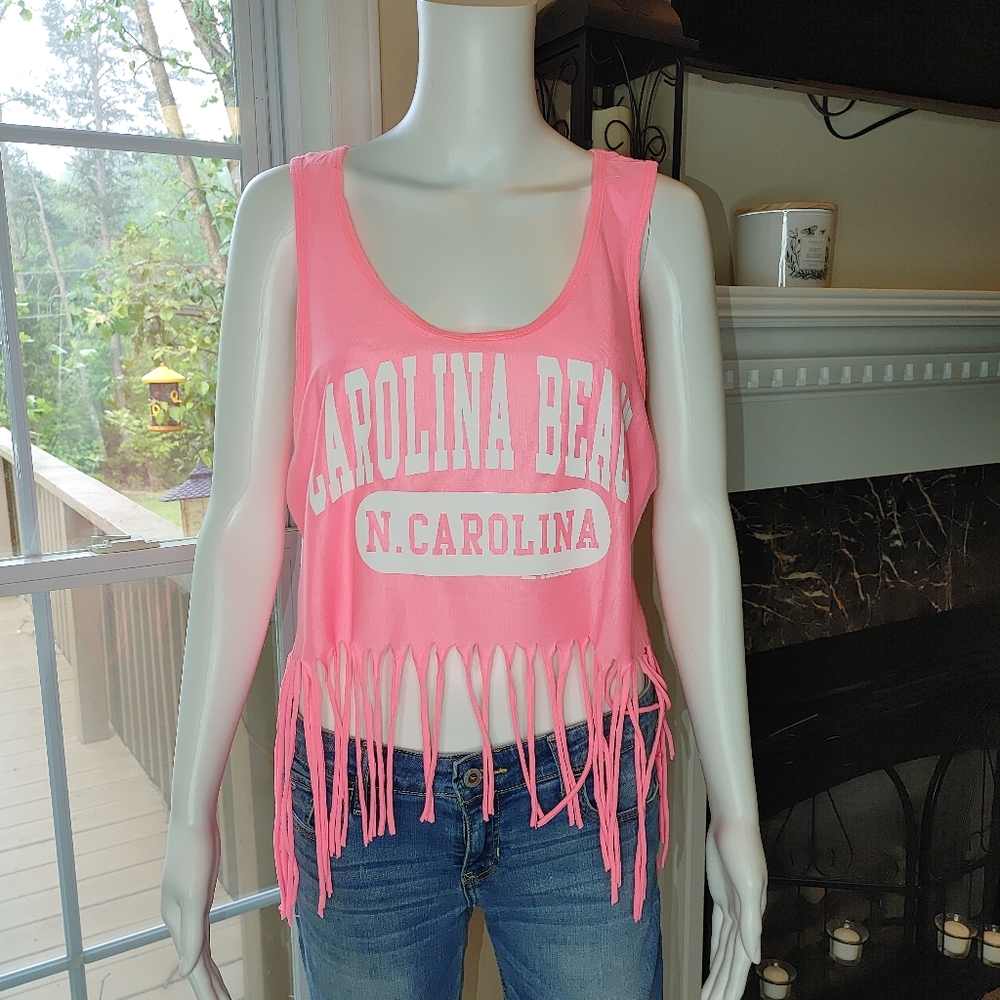POPULAR SPORTS CAROLINA BEACH NC HOT PIBK FRINGE SHIRT L